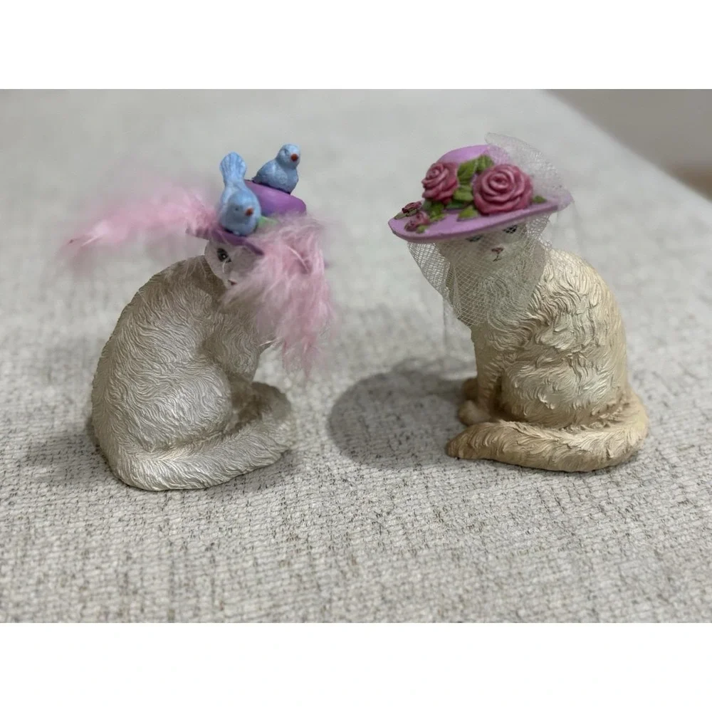 Vintage Decorative Cat Figurines Pair with Floral & Bird Hats